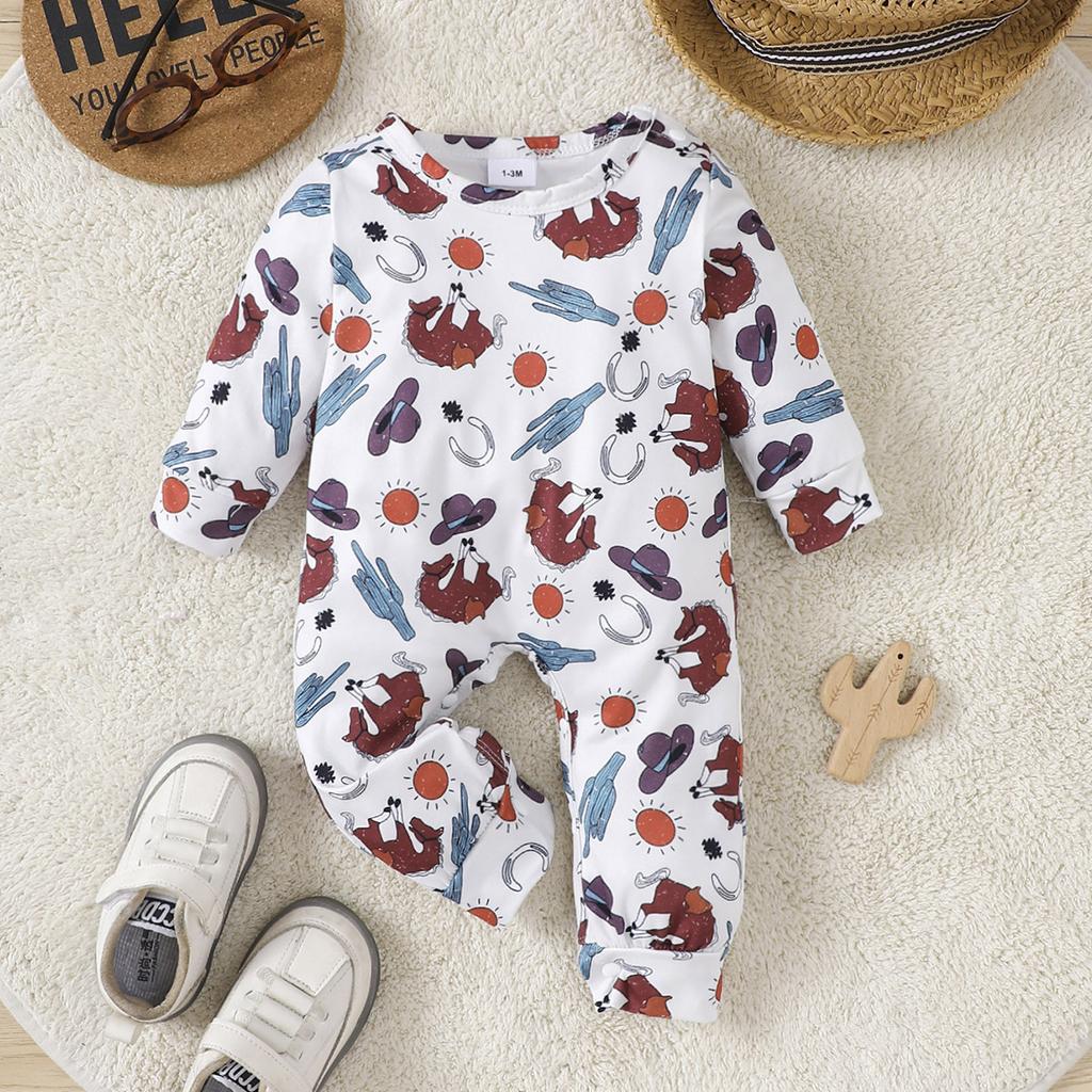 1-24 Months Baby Boy Cowboy Pattern All-over Print Jumpsuit Long Sleeve Romper