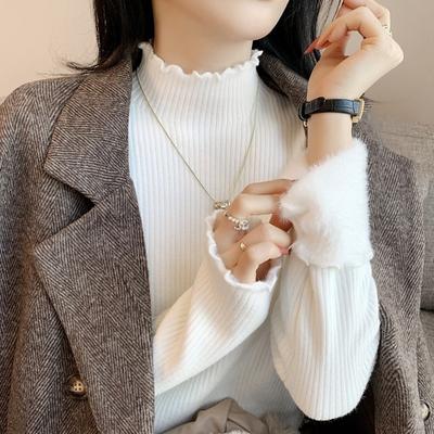 Halbhoher Kragen Pilzkanten-Oberteil Damen Herbst und Winter Verdickt Warm Integriertes Fleece Achselstreifen Strickpullover mit Unterhemd