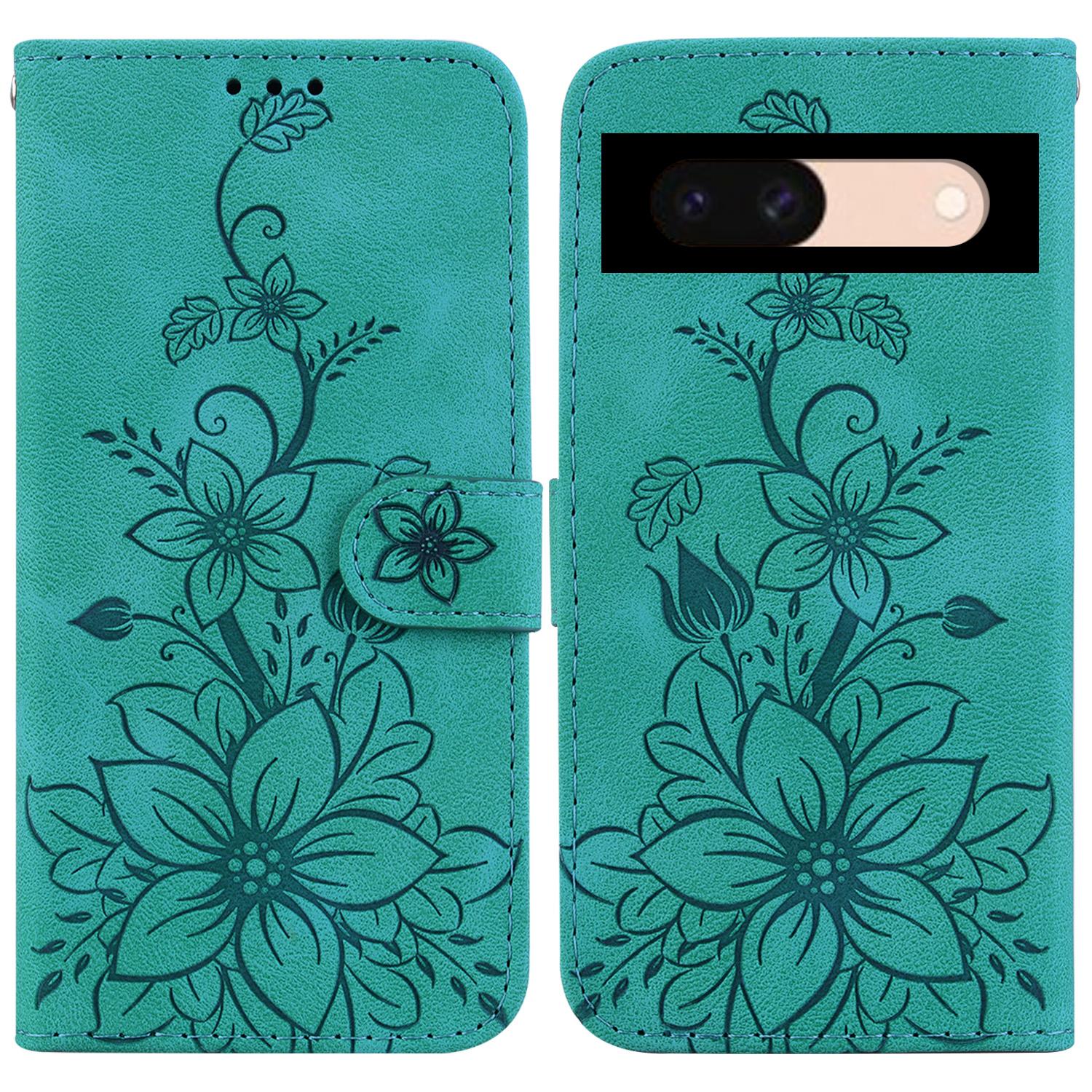 

For Google Pixel 8a Case Flower Imprint Leather Foldable Stand Phone Wallet Cover Green