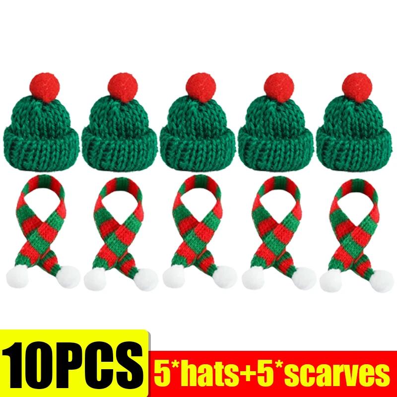 10/50PCS Mini Knitted Santa Hat Scarf Red Christmas Doll Accessories Wine Bottle Cover DIY Craft Xmas Tree Holiday Decoration