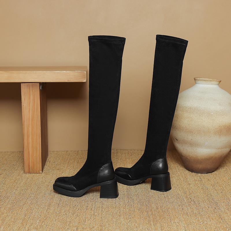 Damenstiefel mit hohen Absätzen Herbst und Winter klassisch vielseitig dickabsätzig Überknie-Stiefel in großen Größen mit elastischem Schaft