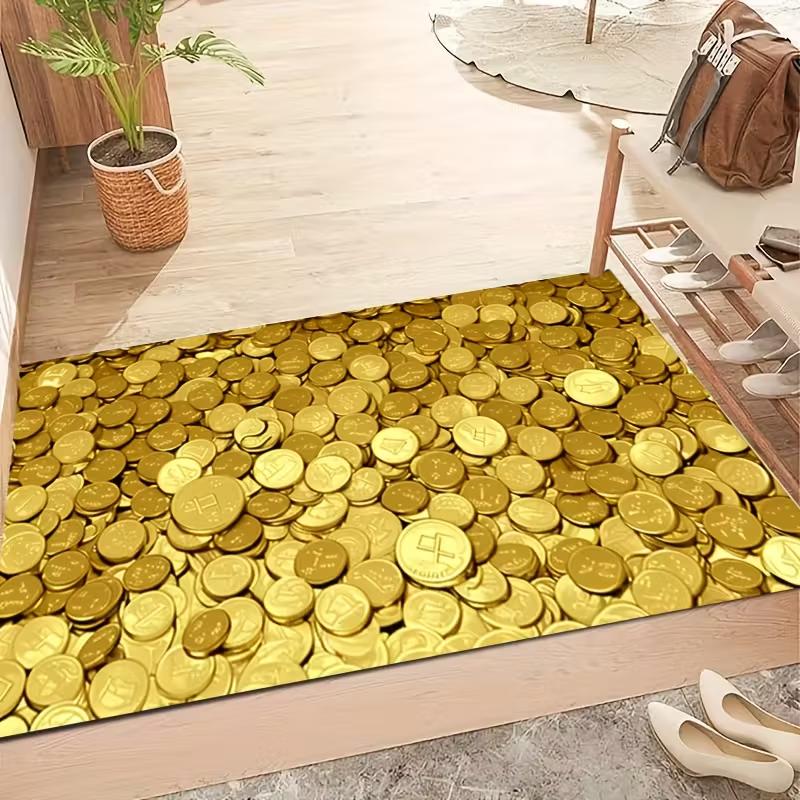 

Luxury Golden Coin Pattern Welcome Doormat for Living Room, Bedroom, Kitchen, Office, Bathroom decor, Washable Area Rug 2D Flat 40cm x 60cm