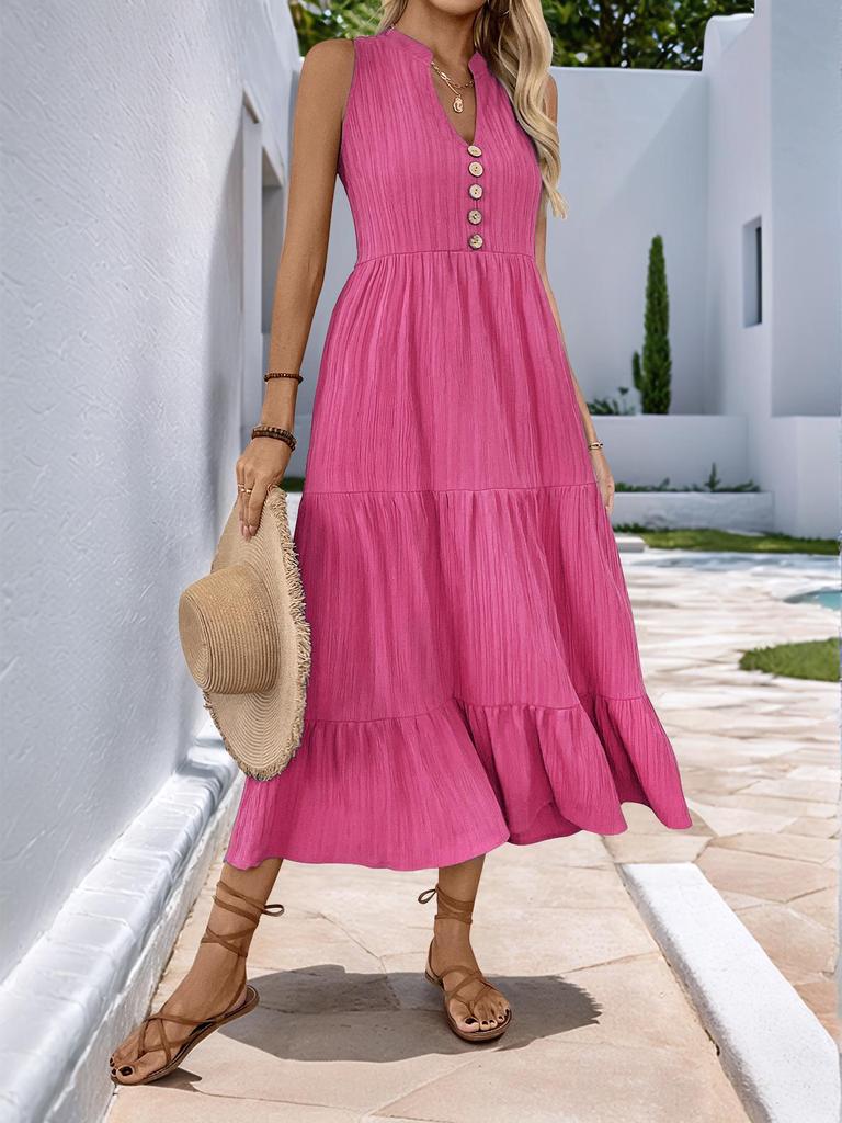 European & American Minimalist V-Neck Button Midi Dress - Sleeveless, Solid Color, Summer 2025 Collection