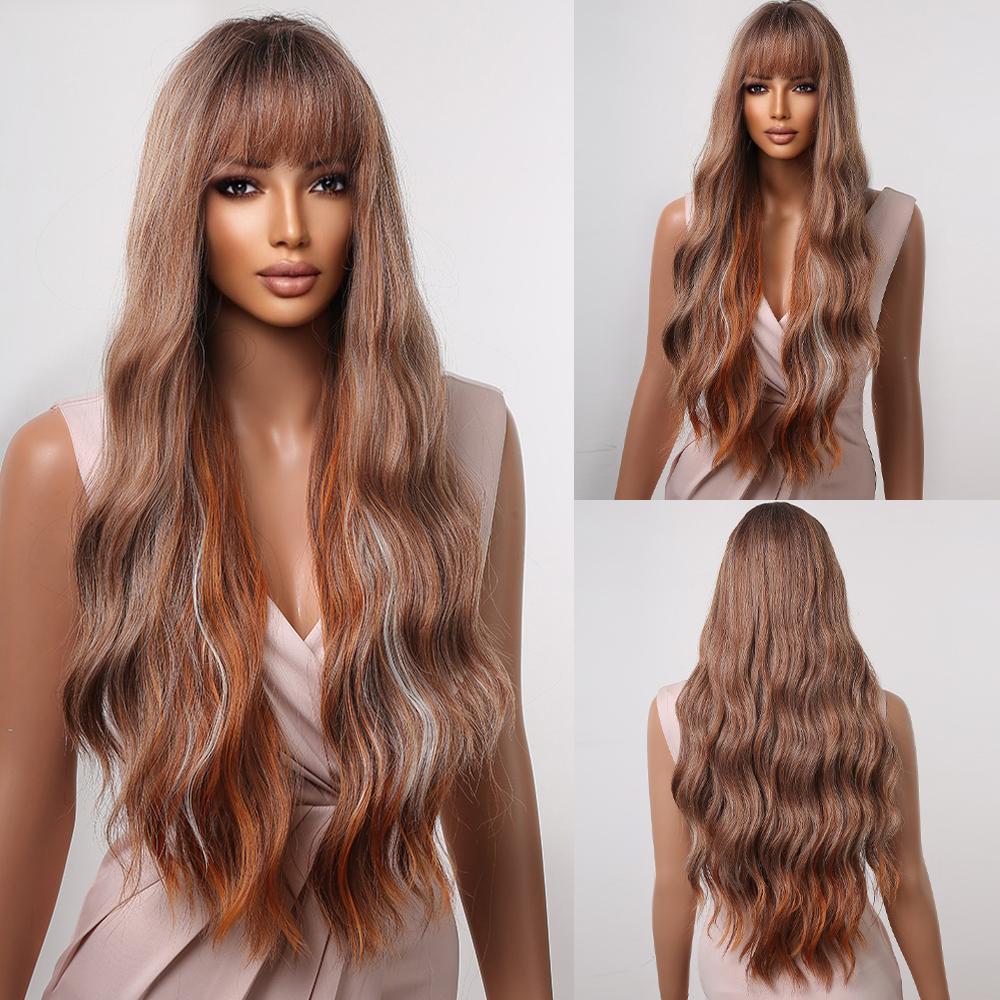Synthetic Long Curly Highlight Wigs With Bangs Mixed Chocolate Brown Golden Blonde Hair Wigs for Black Women Afro Heat Resistant