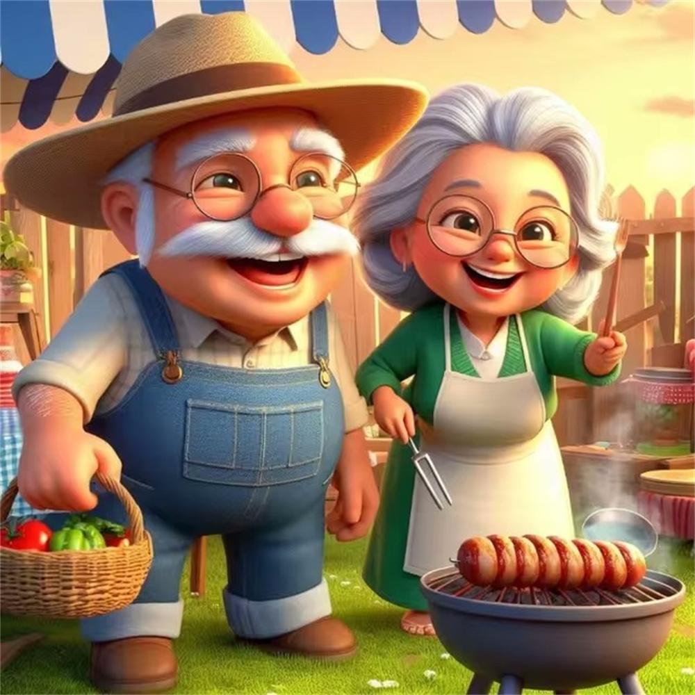 Cartoon Happy Old Couple 5D Full Round Diamond Painting Kits, Cute Grandma and Grandpa DIY Drills Mosaic Embroidery Cross-stitch