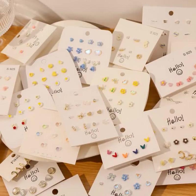 1Set Simple And Compact Silver Needle Earring Set Love Geometric Earring Combination Cute Sweet And Versatile Earrings