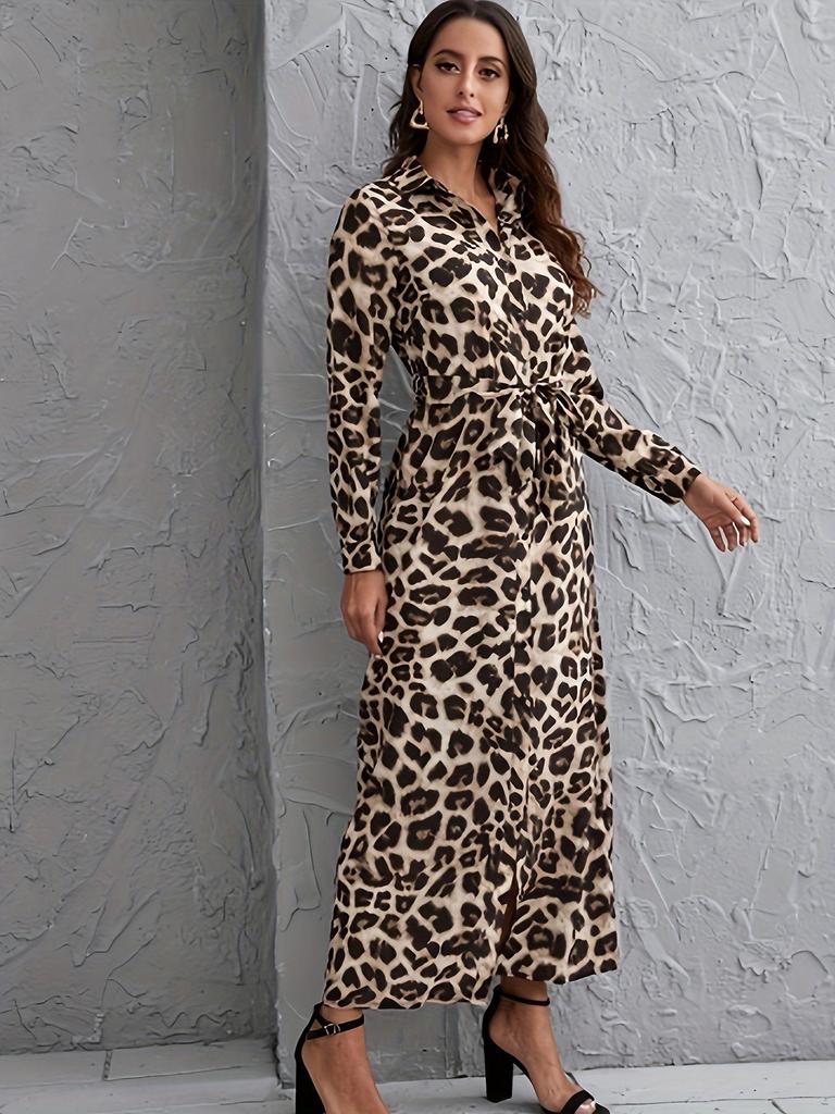 2026 Stylish Leopard Print Lapel Dress for Women with Belted Waist and Slit