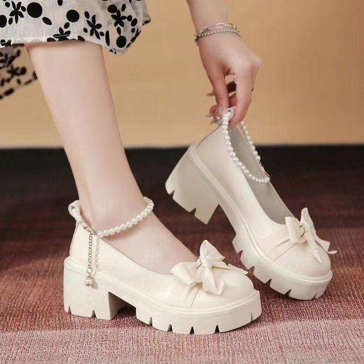 Fashion Pearl Bow Chunky Heel Shoes - Comfort Soft Material Fashionable Women’s Pumps, Ideal for Daily Casual/Party Wear
