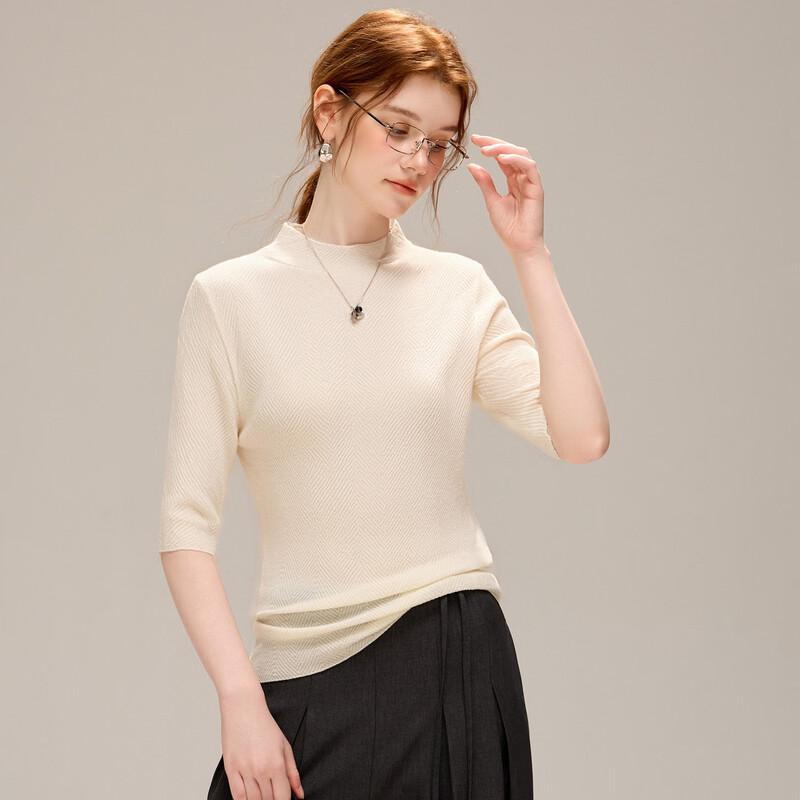 TUHUANG Women's Fine Merino Wool Fishbone Mock Neck Sweater