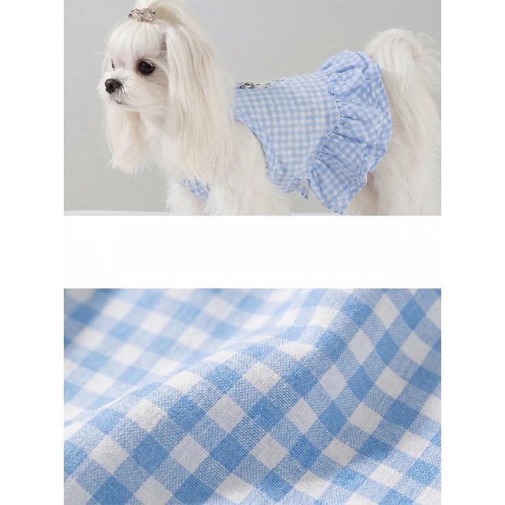 Cute Blue Plaid Dog Dress Breathable Bow Puppy Summer Clothes With Traction Harness For Small Medium Teddy Chihuahua Dog Clothes