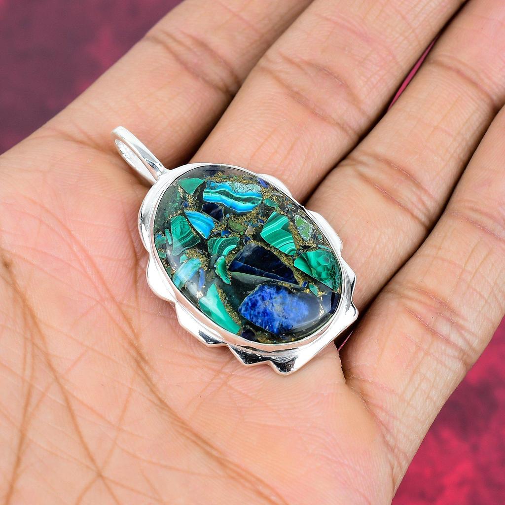 Copper Azurite Malachite Pendant, 925 Solid Sterling Silver Gemstone Jewelry, Handmade Pendant, For Memorial Day