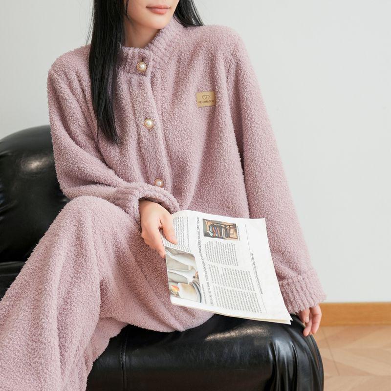 

G5Z Women s Half-Velvet Plush Two-Piece Pajama Set – Thickened Coral Fleece Cardigan for Autumn/Winter XL (Recommended 60-70 kg)