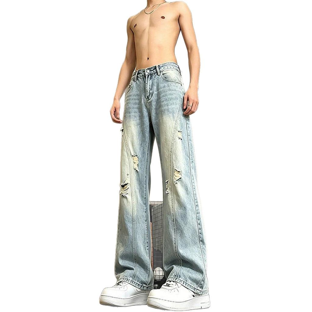 American casual ruffian handsome washed splicing old ripped jeans men's straight loose trendy high street wide-leg pants