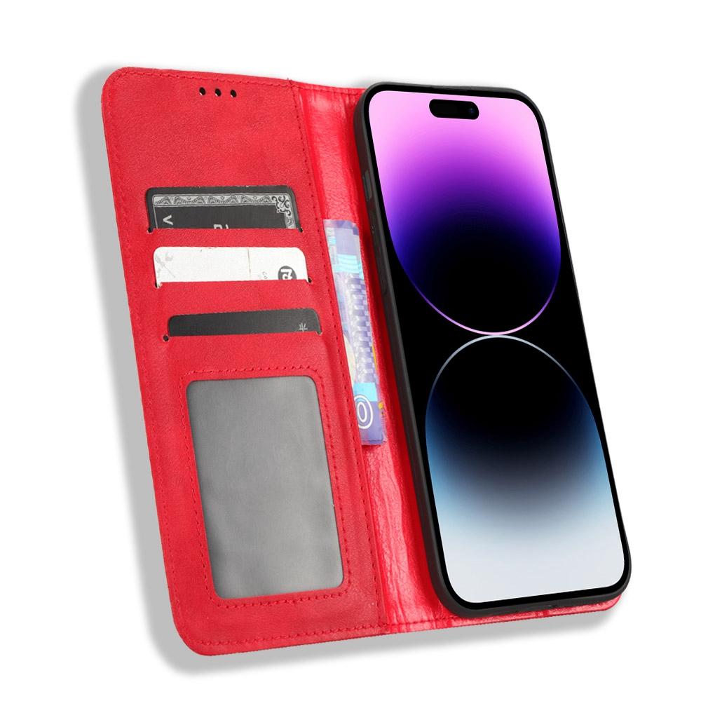 

For iPhone 14 Pro Max 6.7 inch Shockproof Retro Texture Phone Flip Leather Case Wallet Stand Magnetic Auto Closure Wear-resistant Phone Cover Red