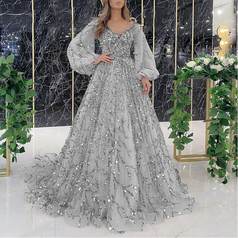 Elegant Gold Sequin Beaded Evening Gown With Puff Sleeves Mermaid Silhouette Zipper Back Wedding Party Prom Gala