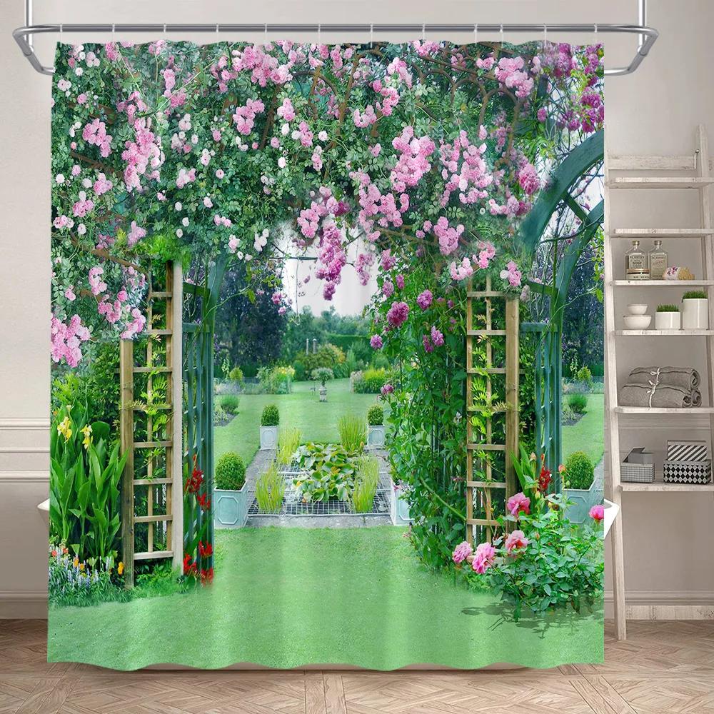 Fence Flowers Shower Curtains Blue Window Nature Floral Plants Scenery Modern Garden Wall Hanging Home Bathroom Decor with Hooks