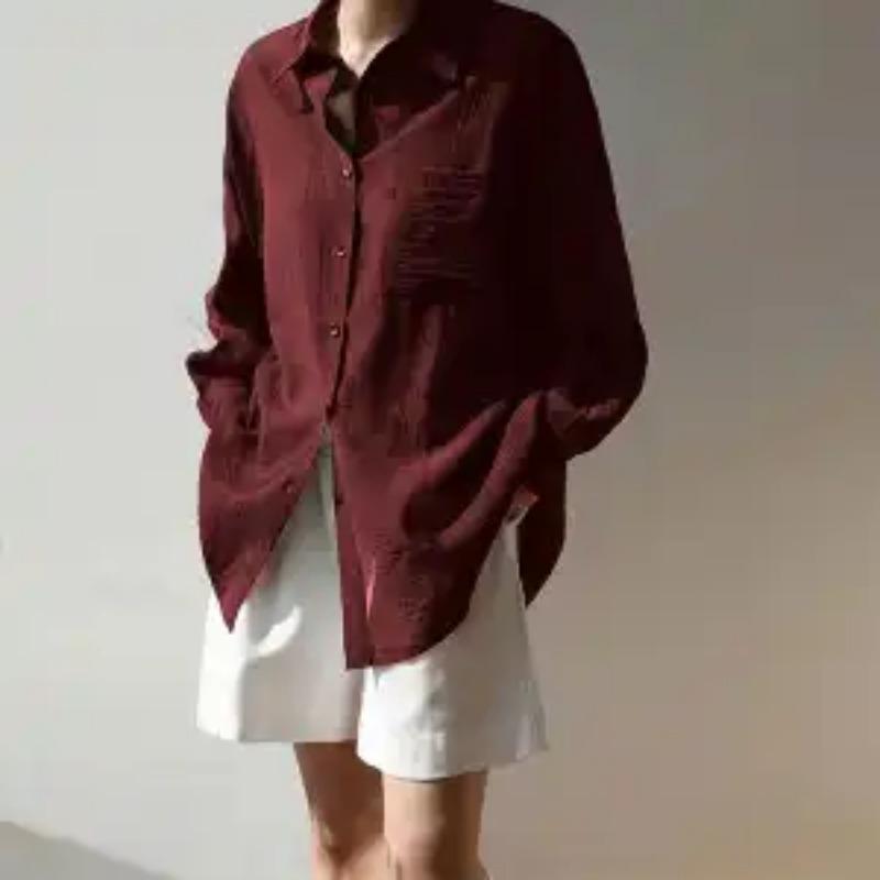 

Women s Sheer Textured Shirt Casual Lapel Long Sleeve Loose Fit Button Sun Protection Blouse S