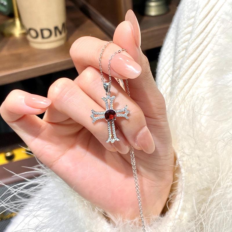 Gothic Cross Necklace European Style S925 Silver Inlaid Peridot Full Diamond Clavicle Chain