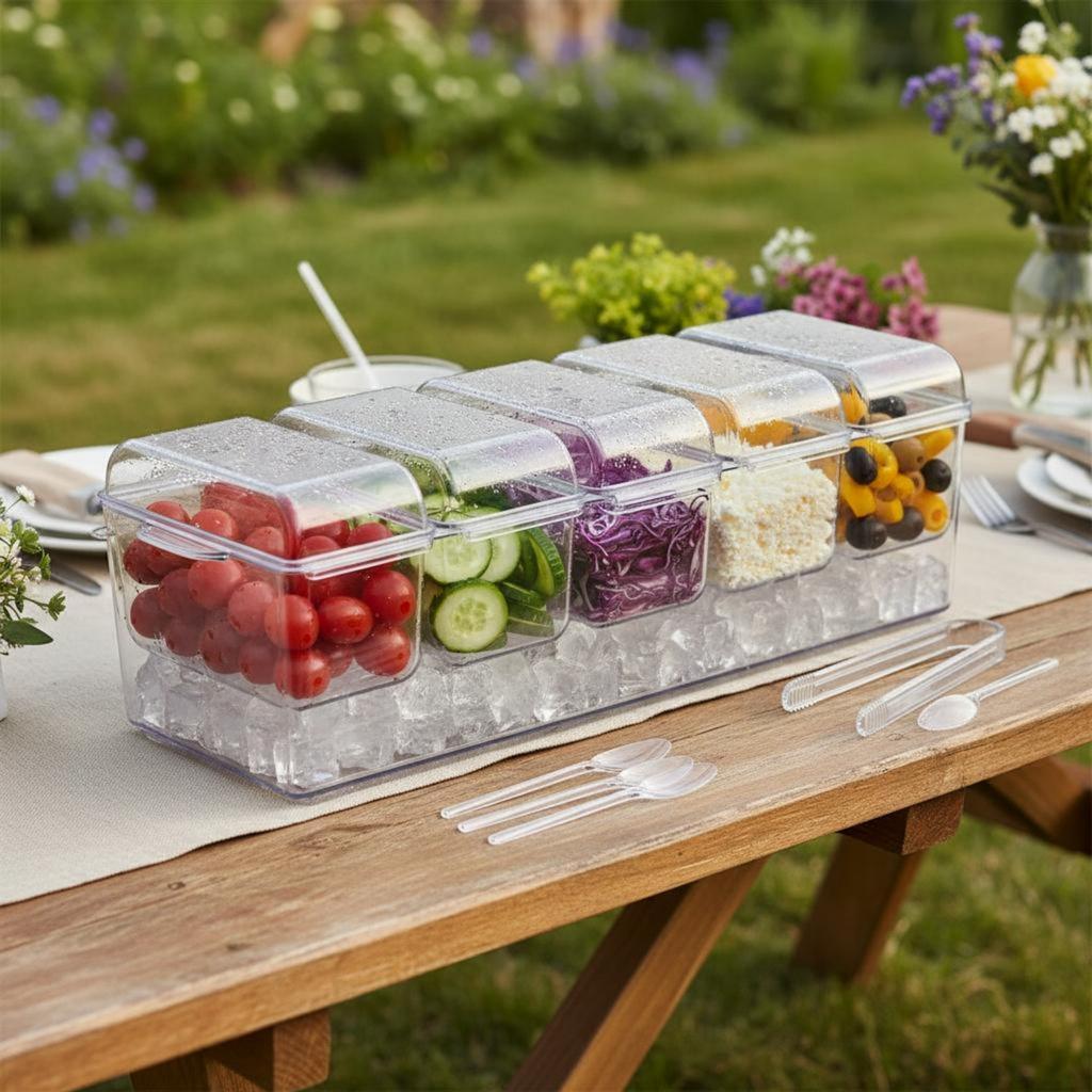 Portable Salad Container Crisp Keeping Chilled Fruit Container Compartment Tray Clear Plastic Picnic Ware Easy to Clean