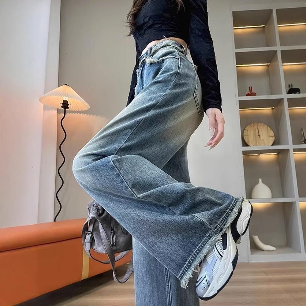 

Autumn 2024 Women s High Waist Retro Blue Wide Leg Jeans with Raw Edge 2XL
