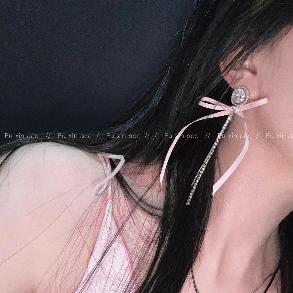 Pink Ribbon Bow Tassel Earrings for Women - Elegant and Stylish Ballet-Inspired Long Earrings for Girlfriends and Students