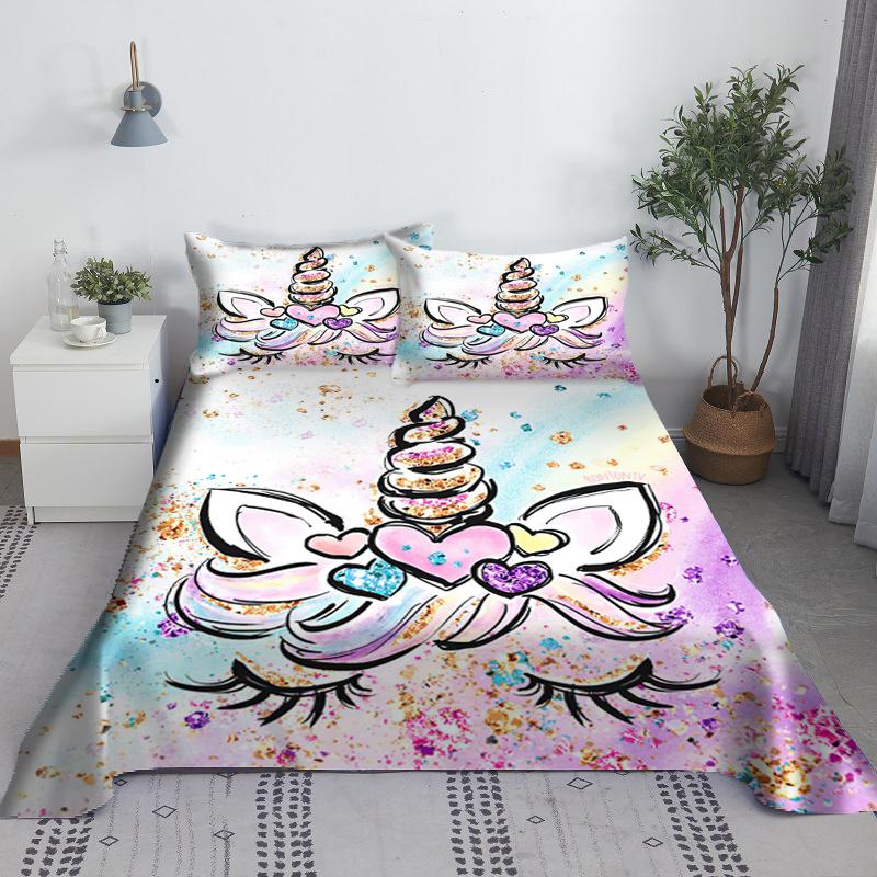 Pink Unicorn Sheet 3D Printed Cartoon Polyester Bed Flat Sheet With Pillowcase Kids Girls Children Bedding Gift