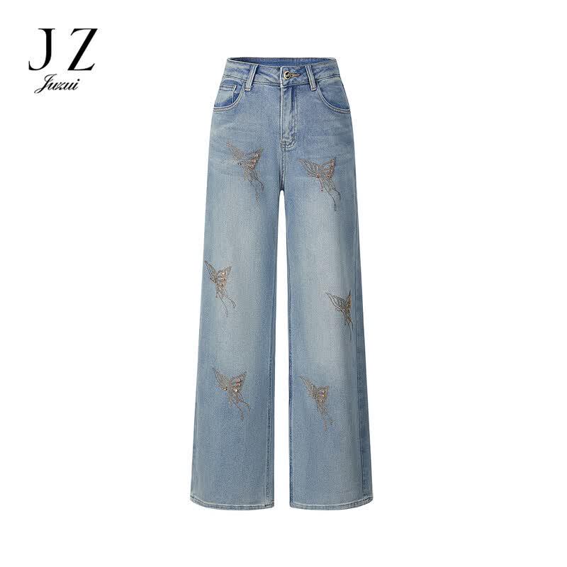 JUZUI Women s Studded Retro Straight Denim Long Pants L