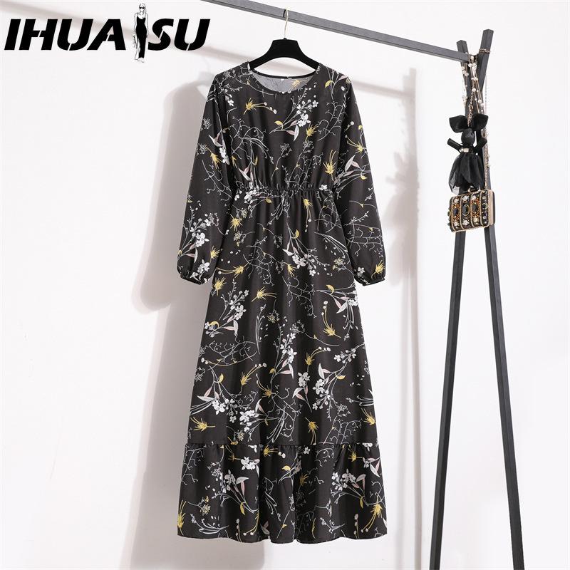 IHUASU 25 Colors Spring Women Maxi Dresses Casual Long Sleeve Floral Print O-Neck Ladies Long Dress Bohe Beach Party Mujer Vestidos Muslim Dress
