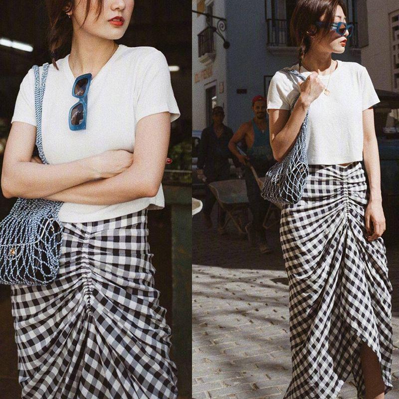 Spring and Summer New European and American Fashion Blogger Street Shot Same Style Gingham Drawstring Ruffle Split Skirt Bodycon Dress