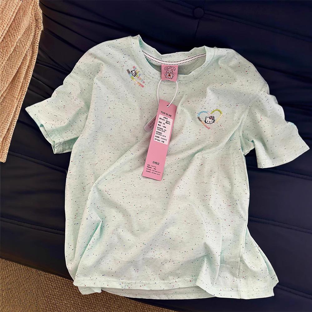 

Korean Style Embroidered Kitten Dot Short Sleeve Casual Loose T-Shirt Medium