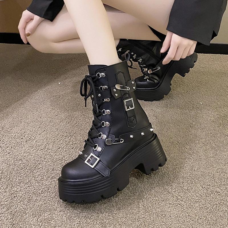 Fashion New Women Leather Punk Boots High Platform Chunky Sneakers Autumn 9CM Wedge Heels Mid-Calf Boots Woman Winter Motorcycle Boots