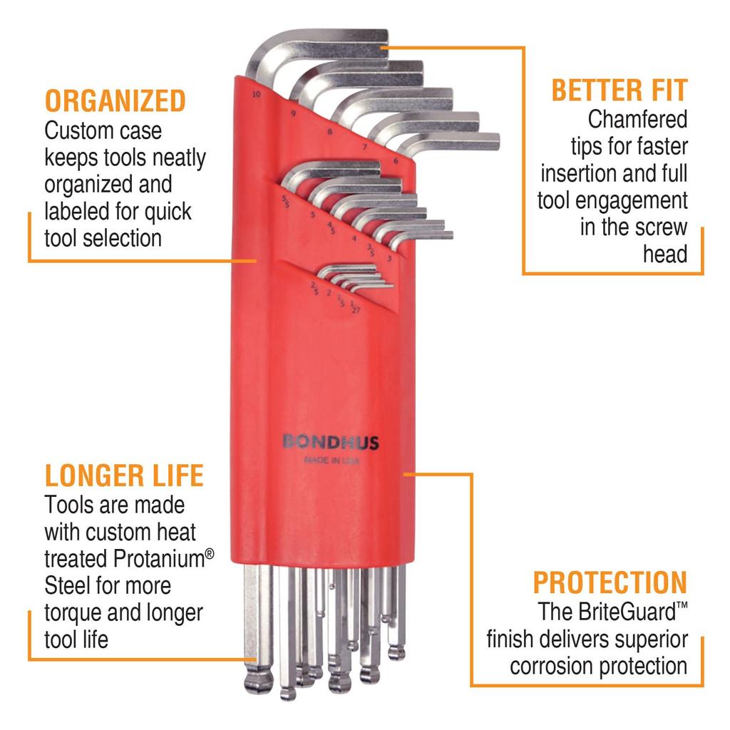 Made In BONDHUS Hex Ball Point Extra Set BLX15MB 17095 USA, L-Wrench Set, Long, Plated, 15-Piece (1.27, 1.5, 2, 2.5, 3, 3.5, 4, 4.5, 5, 5.5, 6, 7, 8,