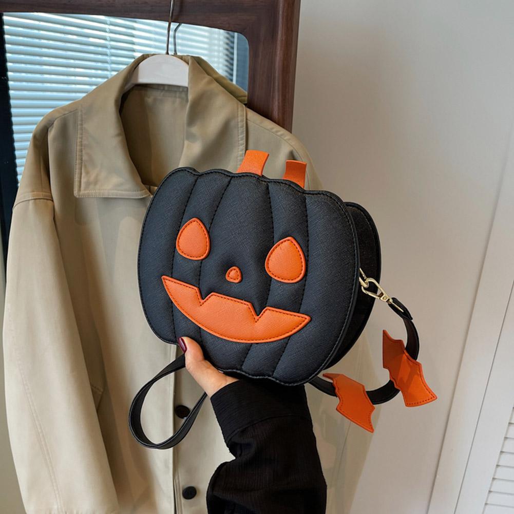 Women Novelty Pumpkin Purse PU Leather Demon Messenger Bag with Zipper Adjustable Strap Halloween Funny Bag