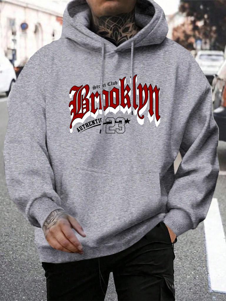 Brooklyn 23 Letter Print Men'S Pullover Fashion Warm Hoodie Casual Pocket Man Hooded Autumn Big Size Streetwear