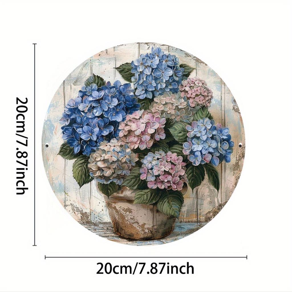1 Piece 2D Wooden Hanging Sign Hydrangea Theme 8-Inch Round Sign Home Bar Garage Cafe and Garden Decoration