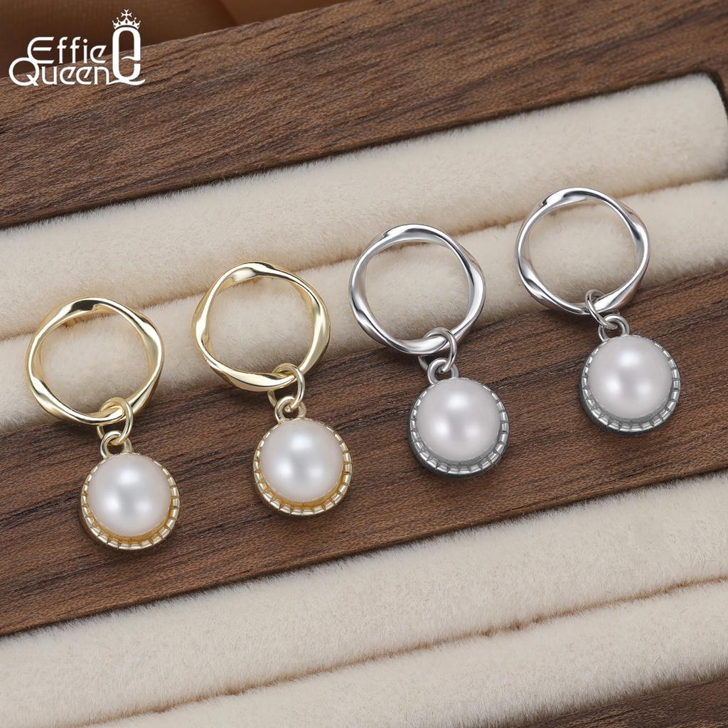 Effie Queen 100% S925 Silber 14k Gold Runde Süßwasserperlen Hängeohrringe Zeitloser Schmuck für Frauen Hochzeitsfeier Geschenk GPE121
