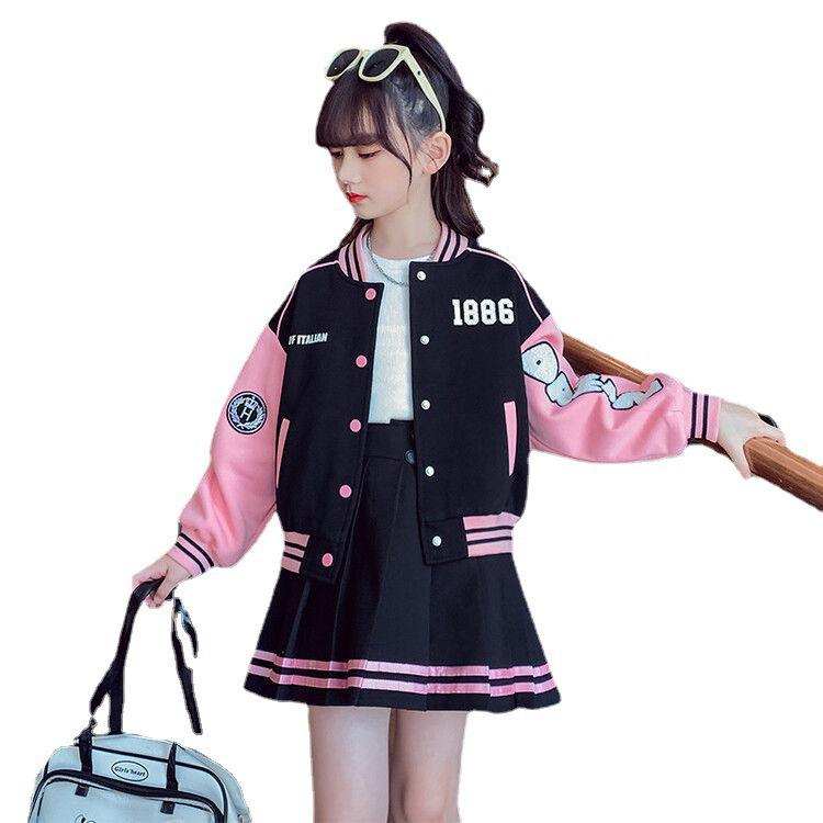 2024 Mädchen Koreanischer Stil Baseballjacke & Plisseerock Set - Frühling/Herbst Trendiges Zweiteiler für Große Kinder