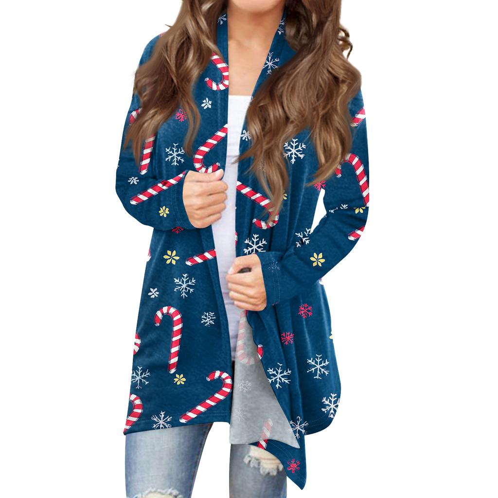 Women's Fashionable Loose-Fit Casual Cardigan With Christmas Print Mid-Length Coat