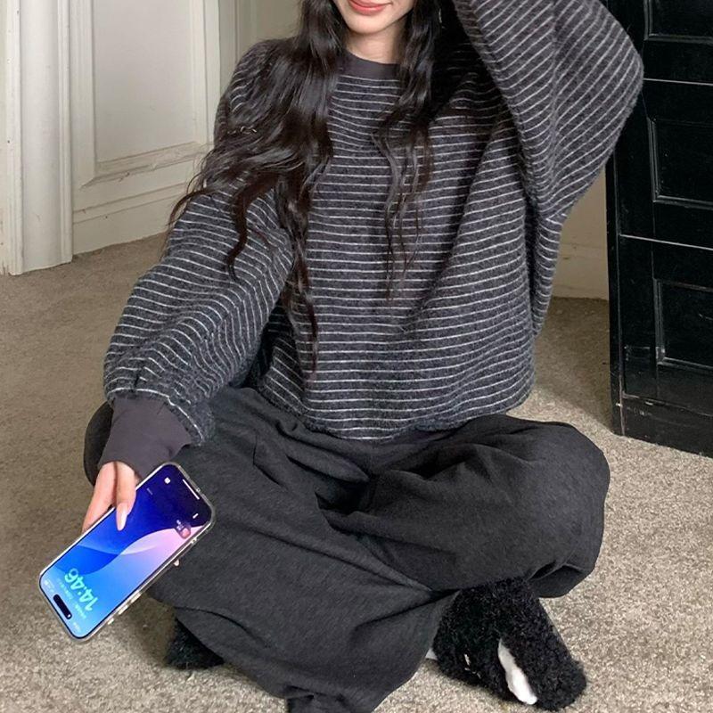 Retro Striped Round Neck Hooded Long-sleeved Sweatshirt Women Autumn New Korean Style Loose Student Top