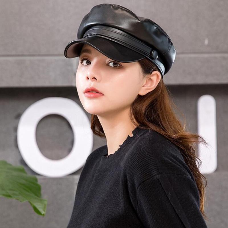 Korean Style PU Leather Sailor Beret - Octagonal Flat Top Women's Trendy Hat for Autumn/Winter