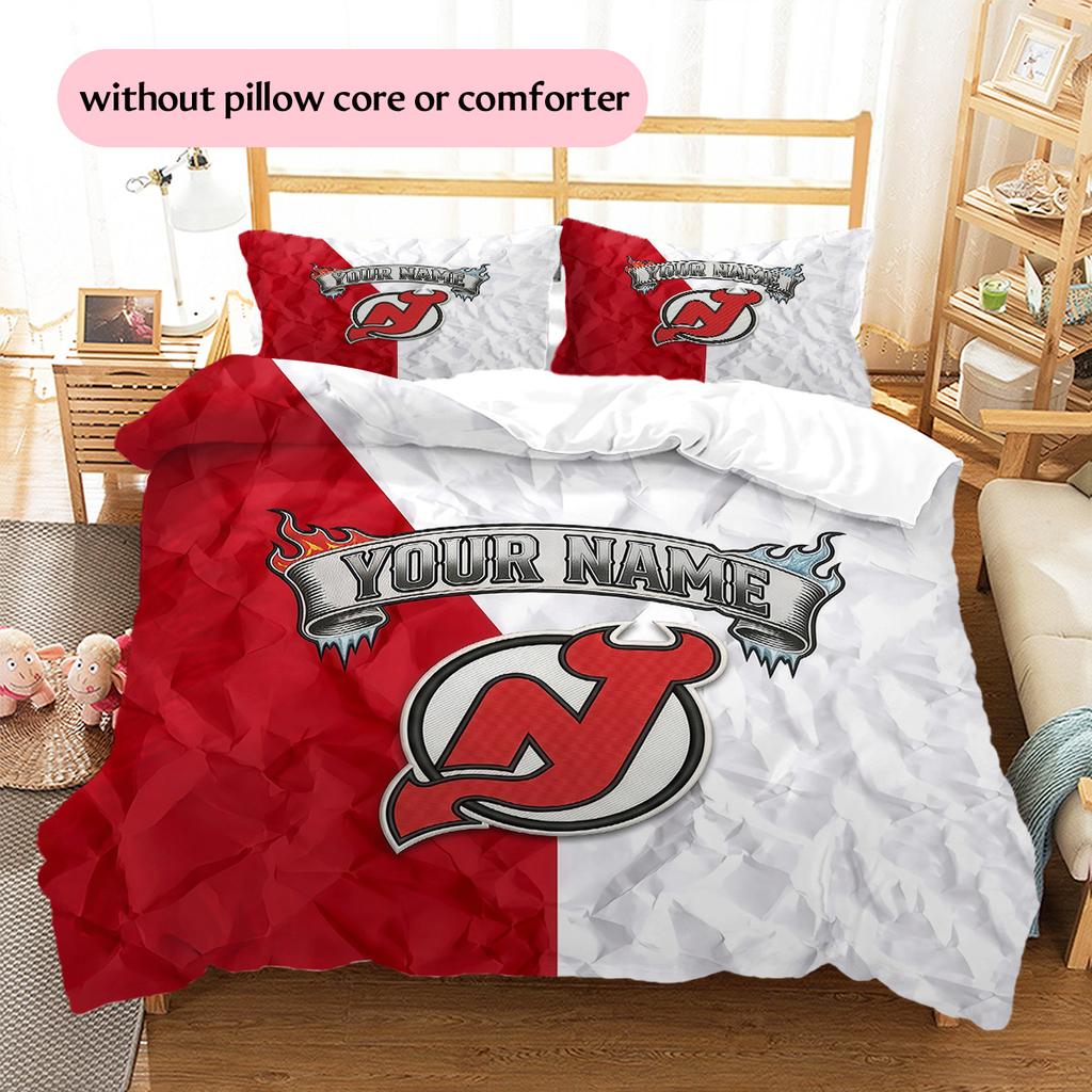 Custom Name New Jersey Devils Pattern Bedding Quilt Set Home Decoration Gift (1 * duvet cover + 2 * pillowcase without core)