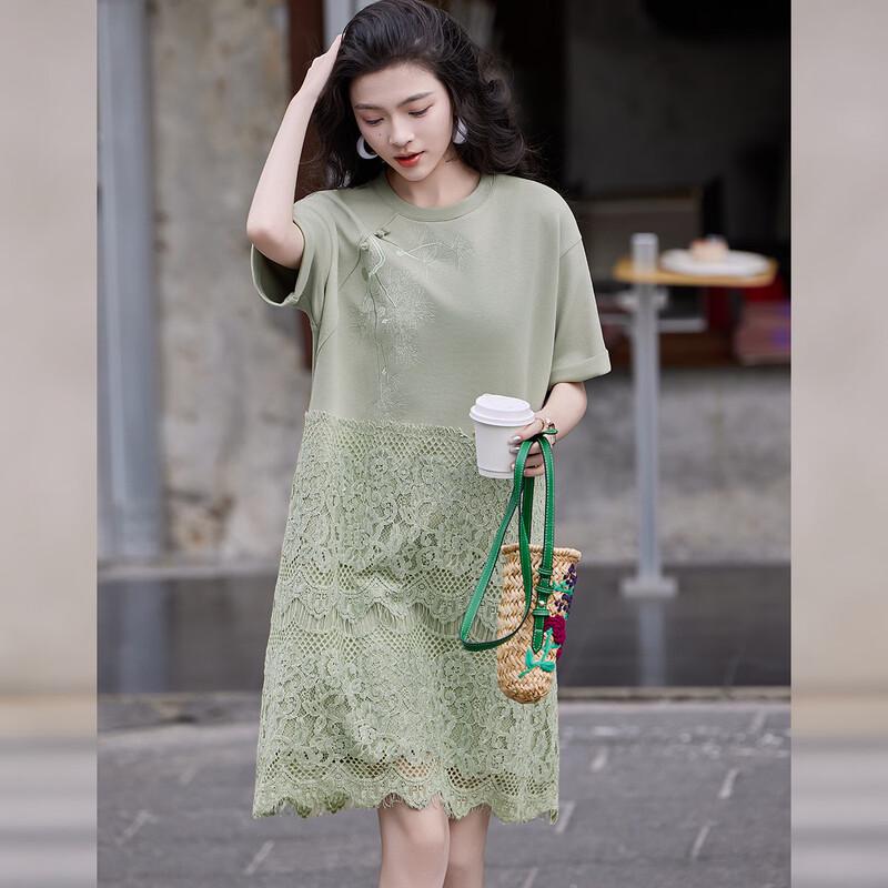 Bailuyu Chinese Style Round Neck Lace Patchwork A-Line Dress