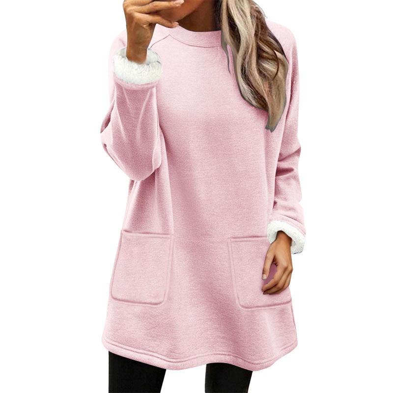 Damen Freizeit Locker Fleece Mittellang Rundhals Langarm Sweatshirt Mit Taschen XXL rosa