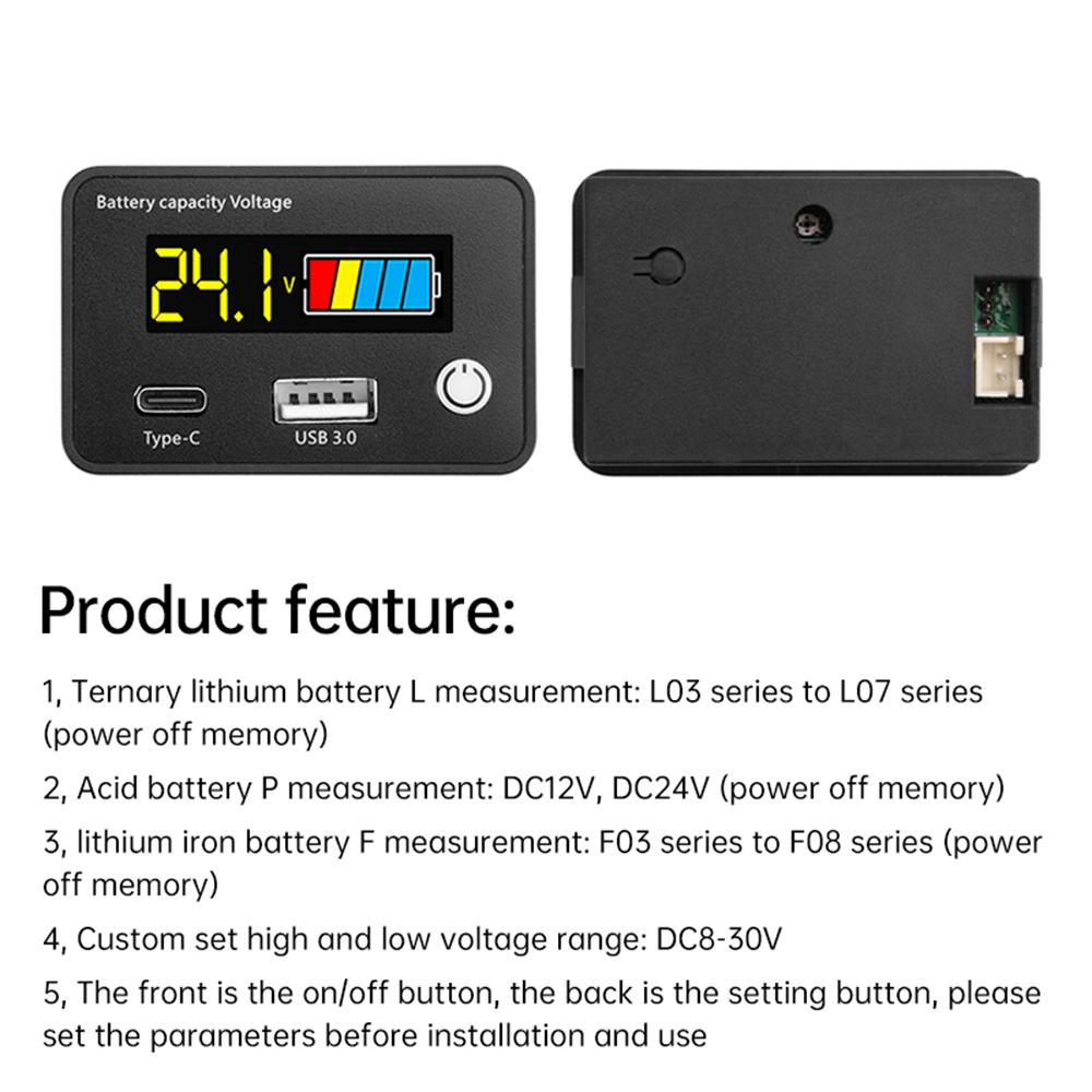 DC8-30V Battery Capacity Indicator Car Motorcycle Digital Voltmeter Voltage Tester Meter Tool  USB3.0/Tpye-C Output for Car