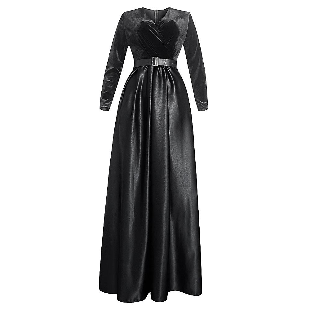 

African Women s Deep V Velvet Long Sleeve Swing Dress with Belt - Autumn/Winter Fashion 2022 L чорний