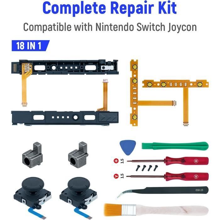 McBazel-18 en 1 Kit de Réparation pour Switch Joy-Con avec Tournevis,Outil d'ouverture,Joysticks Analogiques 3D Gauche Droite