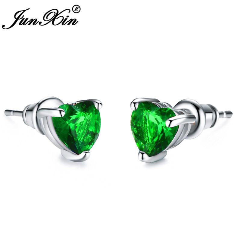 Girls Cute Heart Stud Earrings For Women White Gold Color Brilliant White Zircon Blue Purple Austrian Crystal Wedding Studs Cz