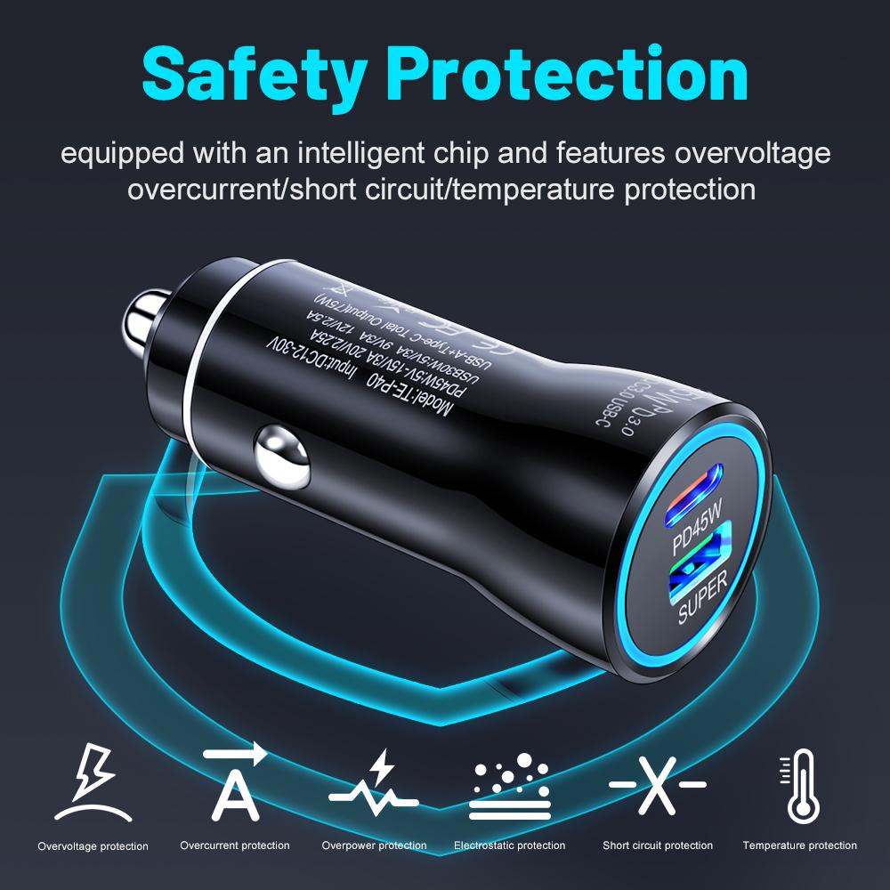 QC3.0 45W Car Charger USB Type C Dual Port Fast Charging Car Power Adapter Universal Phone For Samsung For iPhone Series ect.