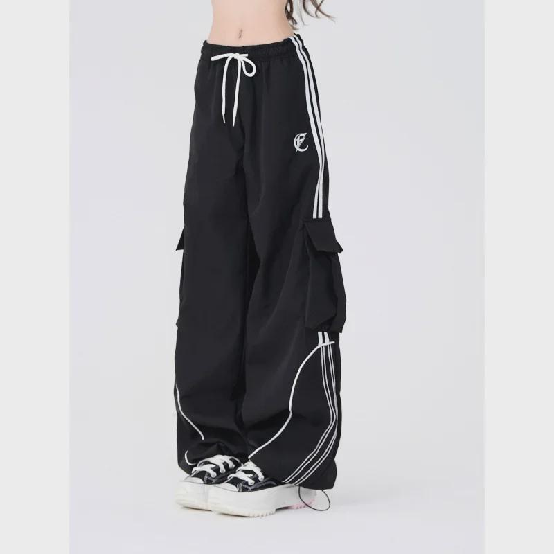 Pantalones deportivos negros de pierna ancha con cordón y bolsillos para mujer, ideales para bailar en la calle - Ropa informal de hip hop para primavera