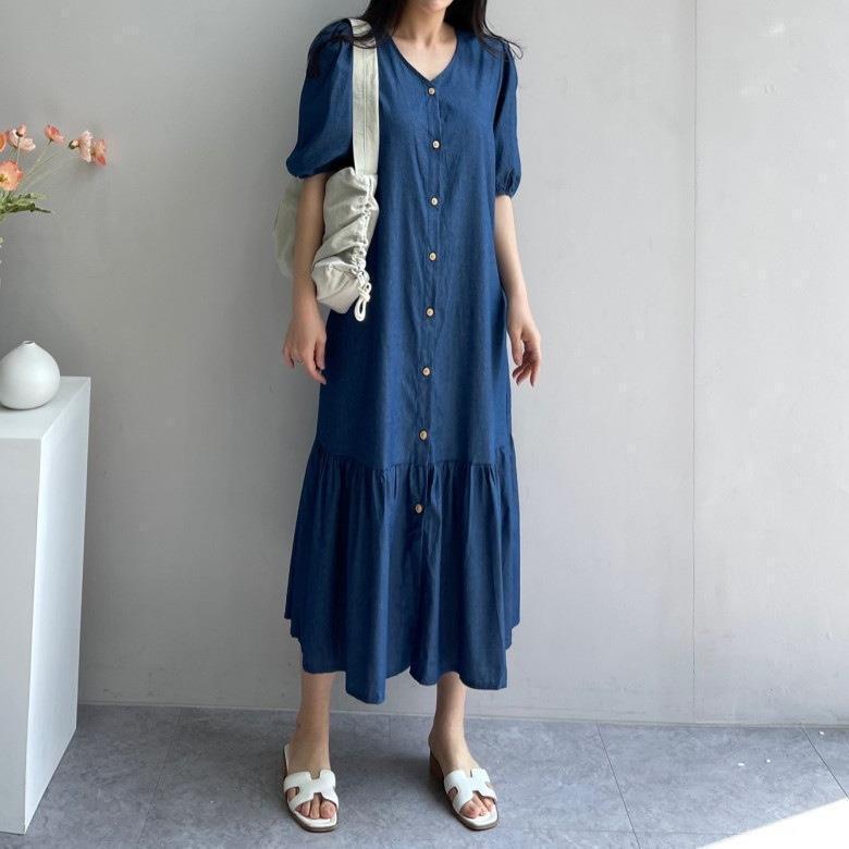 

2026 Korean Summer Retro V-Neck Ruffle Sleeve Denim Dress Small темно-синий